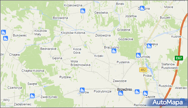 mapa Krzaki gmina Brzeźnio, Krzaki gmina Brzeźnio na mapie Targeo