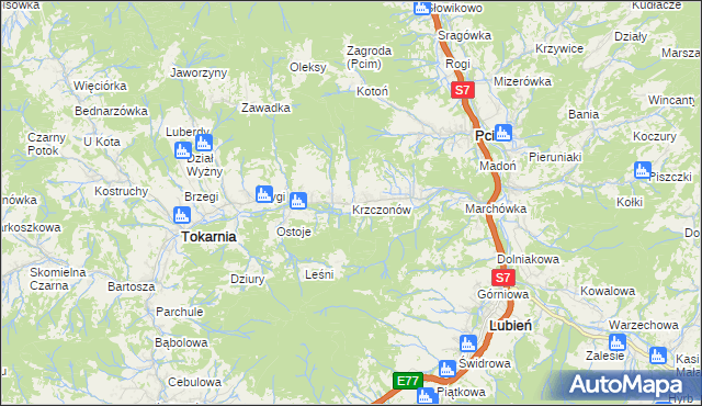 mapa Krzczonów gmina Tokarnia, Krzczonów gmina Tokarnia na mapie Targeo