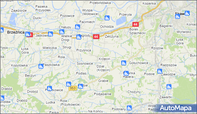 mapa Krzęcin gmina Skawina, Krzęcin gmina Skawina na mapie Targeo