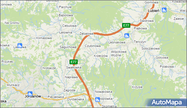 mapa Krzeczów gmina Lubień, Krzeczów gmina Lubień na mapie Targeo