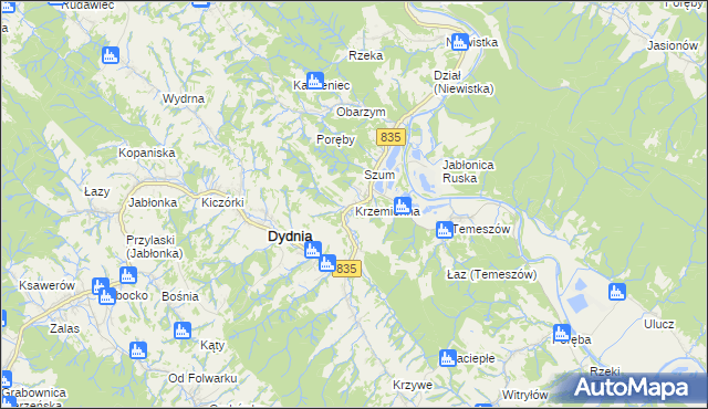 mapa Krzemienna gmina Dydnia, Krzemienna gmina Dydnia na mapie Targeo