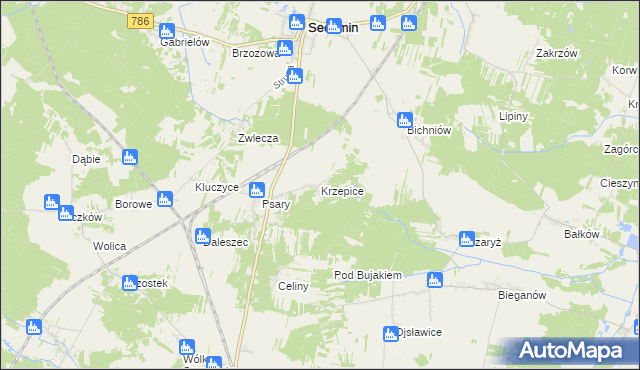 mapa Krzepice gmina Secemin, Krzepice gmina Secemin na mapie Targeo