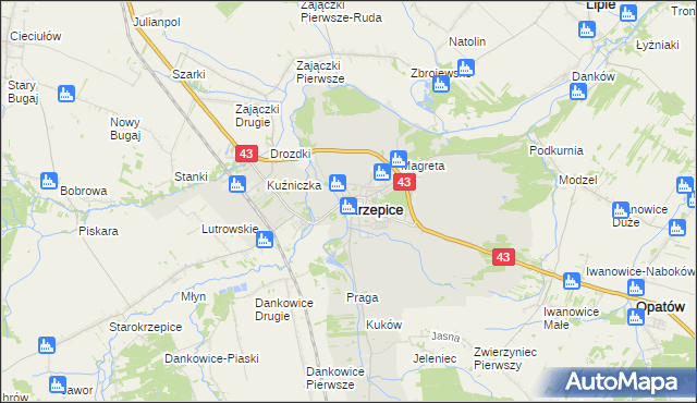 mapa Krzepice powiat kłobucki, Krzepice powiat kłobucki na mapie Targeo