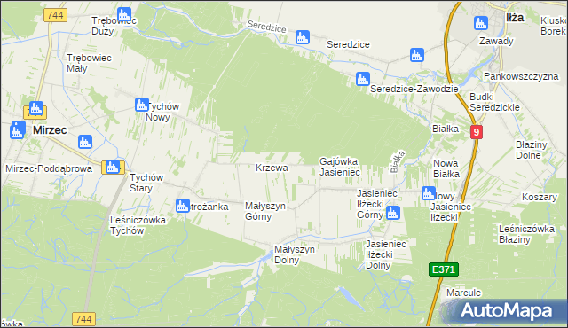 mapa Krzewa gmina Mirzec, Krzewa gmina Mirzec na mapie Targeo