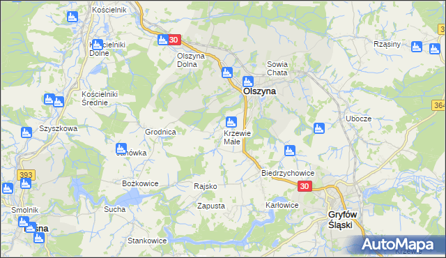 mapa Krzewie Małe, Krzewie Małe na mapie Targeo