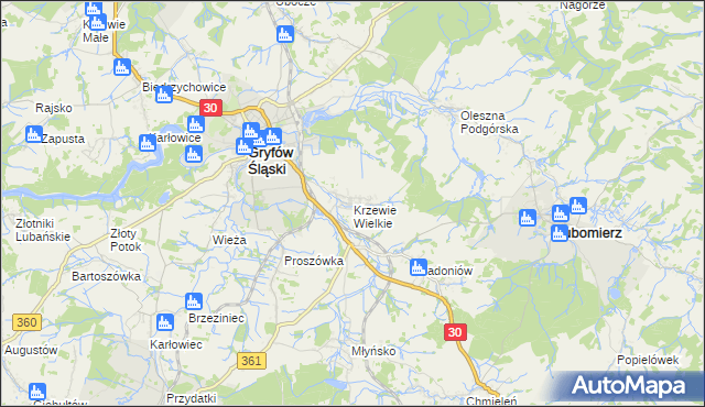 mapa Krzewie Wielkie, Krzewie Wielkie na mapie Targeo