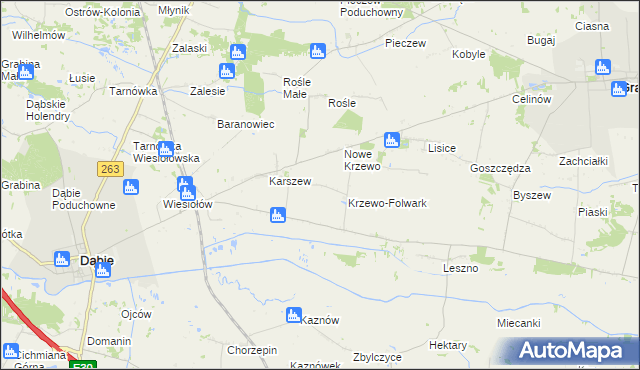 mapa Krzewo gmina Dąbie, Krzewo gmina Dąbie na mapie Targeo