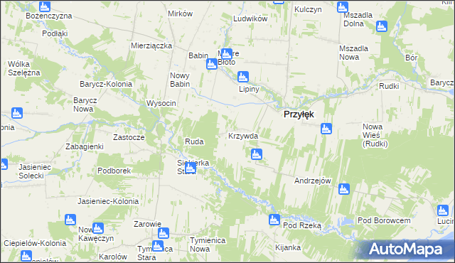 mapa Krzywda gmina Przyłęk, Krzywda gmina Przyłęk na mapie Targeo