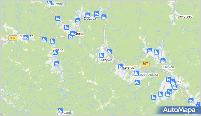 mapa Krzywe gmina Cisna, Krzywe gmina Cisna na mapie Targeo