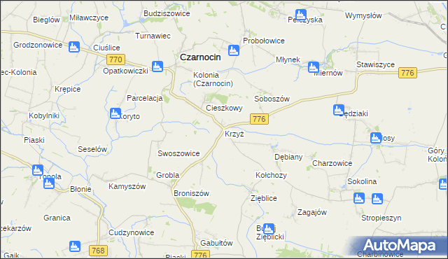 mapa Krzyż gmina Czarnocin, Krzyż gmina Czarnocin na mapie Targeo