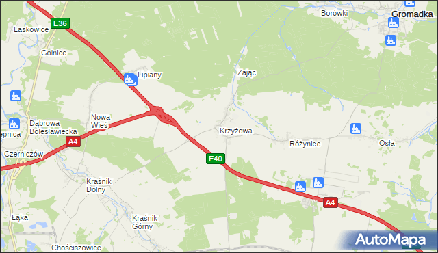 mapa Krzyżowa gmina Gromadka, Krzyżowa gmina Gromadka na mapie Targeo