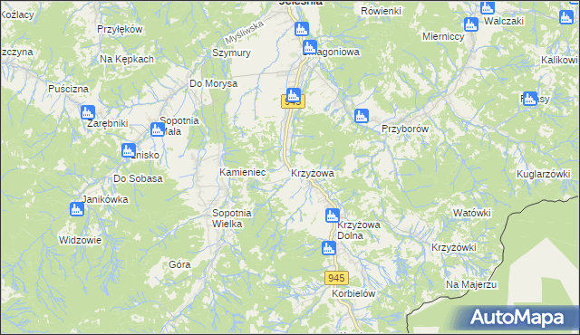 mapa Krzyżowa gmina Jeleśnia, Krzyżowa gmina Jeleśnia na mapie Targeo