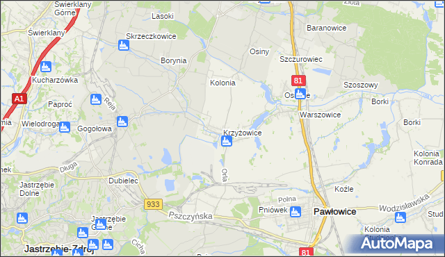 mapa Krzyżowice gmina Pawłowice, Krzyżowice gmina Pawłowice na mapie Targeo