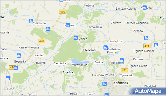 mapa Krzyżówki gmina Koźminek, Krzyżówki gmina Koźminek na mapie Targeo