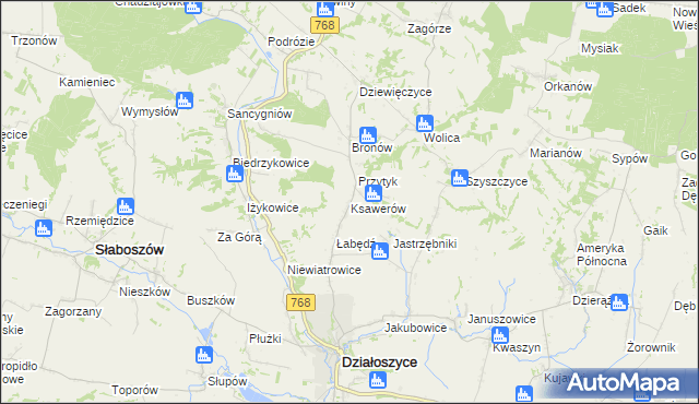 mapa Ksawerów gmina Działoszyce, Ksawerów gmina Działoszyce na mapie Targeo