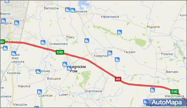 mapa Księginice gmina Legnickie Pole, Księginice gmina Legnickie Pole na mapie Targeo