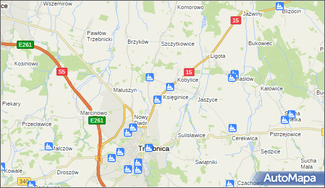 mapa Księginice gmina Trzebnica, Księginice gmina Trzebnica na mapie Targeo