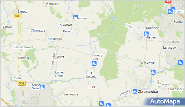 mapa Księży Las gmina Zbrosławice, Księży Las gmina Zbrosławice na mapie Targeo