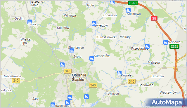 mapa Kuraszków gmina Oborniki Śląskie, Kuraszków gmina Oborniki Śląskie na mapie Targeo