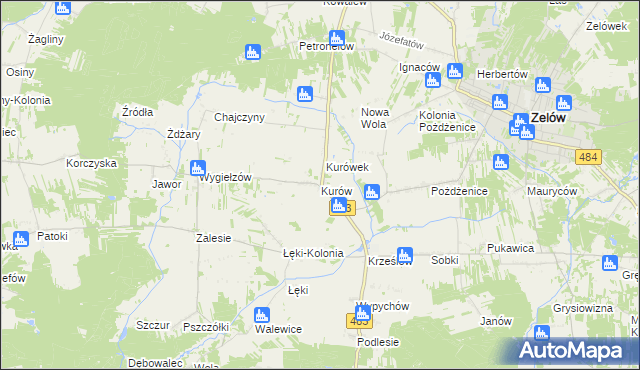 mapa Kurów gmina Zelów, Kurów gmina Zelów na mapie Targeo