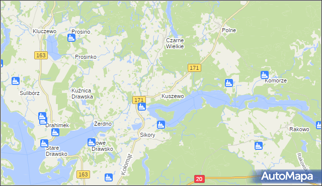 mapa Kuszewo gmina Czaplinek, Kuszewo gmina Czaplinek na mapie Targeo