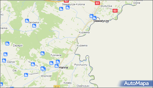 mapa Kuzawka gmina Hanna, Kuzawka gmina Hanna na mapie Targeo