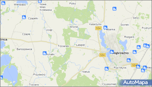 mapa Łabędź gmina Ryńsk, Łabędź gmina Ryńsk na mapie Targeo