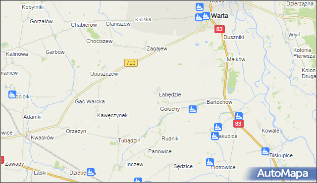 mapa Łabędzie gmina Warta, Łabędzie gmina Warta na mapie Targeo