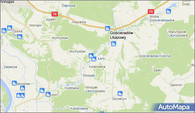 mapa Łany gmina Gościeradów, Łany gmina Gościeradów na mapie Targeo