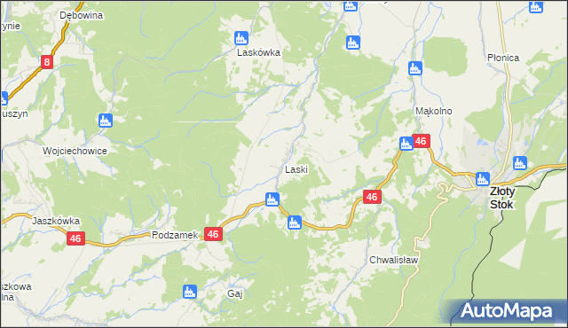 mapa Laski gmina Złoty Stok, Laski gmina Złoty Stok na mapie Targeo