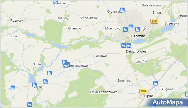 mapa Laskowo gmina Lipka, Laskowo gmina Lipka na mapie Targeo