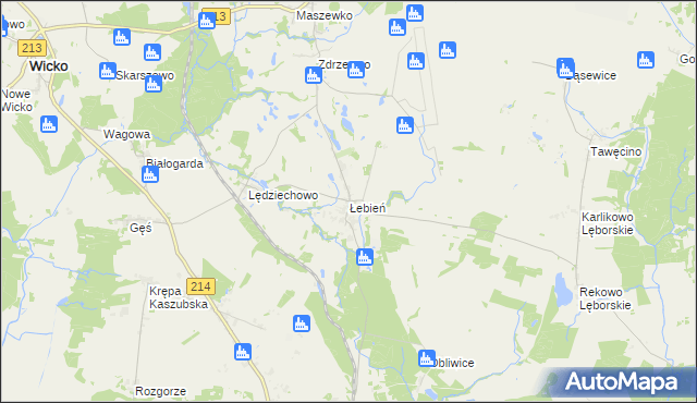 mapa Łebień gmina Nowa Wieś Lęborska, Łebień gmina Nowa Wieś Lęborska na mapie Targeo