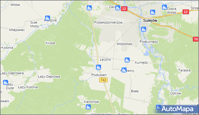 mapa Łęczno gmina Sulejów, Łęczno gmina Sulejów na mapie Targeo