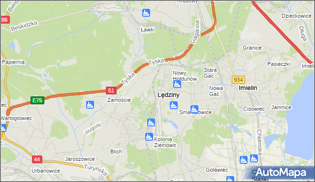 mapa Lędziny powiat bieruńsko-lędziński, Lędziny powiat bieruńsko-lędziński na mapie Targeo