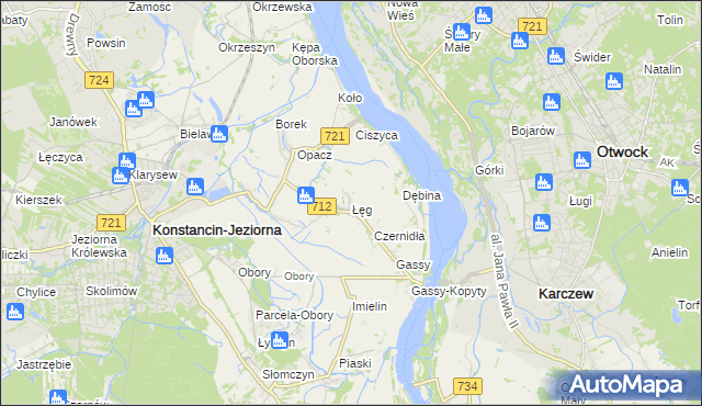 mapa Łęg gmina Konstancin-Jeziorna, Łęg gmina Konstancin-Jeziorna na mapie Targeo