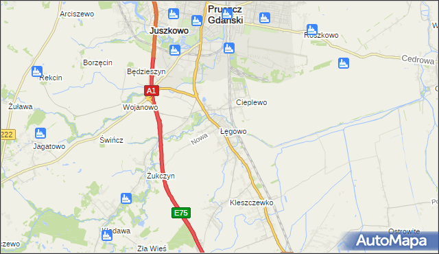 mapa Łęgowo gmina Pruszcz Gdański, Łęgowo gmina Pruszcz Gdański na mapie Targeo