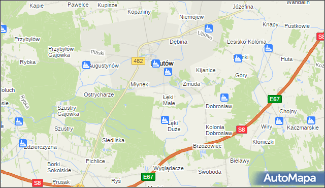 mapa Łęki Małe gmina Lututów, Łęki Małe gmina Lututów na mapie Targeo