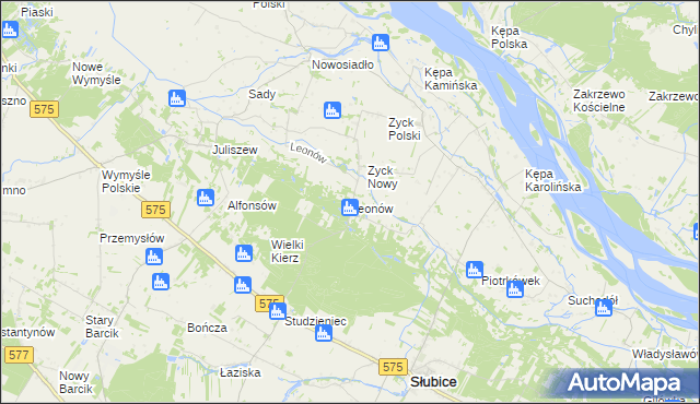 mapa Leonów gmina Słubice, Leonów gmina Słubice na mapie Targeo