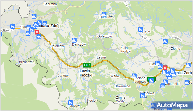 mapa Leśna gmina Lewin Kłodzki, Leśna gmina Lewin Kłodzki na mapie Targeo