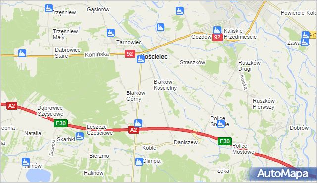 mapa Leszcze gmina Kościelec, Leszcze gmina Kościelec na mapie Targeo