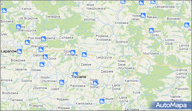 mapa Leszczyna gmina Trzciana, Leszczyna gmina Trzciana na mapie Targeo