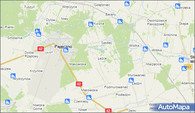 mapa Łężce gmina Pajęczno, Łężce gmina Pajęczno na mapie Targeo