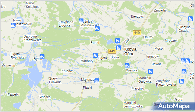 mapa Ligota gmina Kobyla Góra, Ligota gmina Kobyla Góra na mapie Targeo