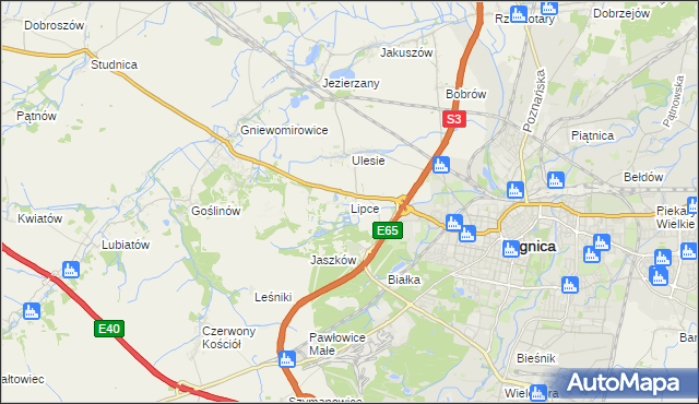 mapa Lipce gmina Miłkowice, Lipce gmina Miłkowice na mapie Targeo