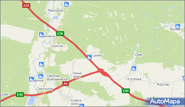 mapa Lipiany gmina Bolesławiec, Lipiany gmina Bolesławiec na mapie Targeo