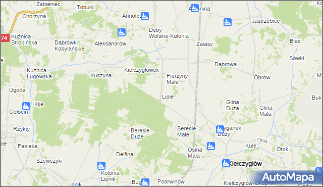 mapa Lipie gmina Kiełczygłów, Lipie gmina Kiełczygłów na mapie Targeo