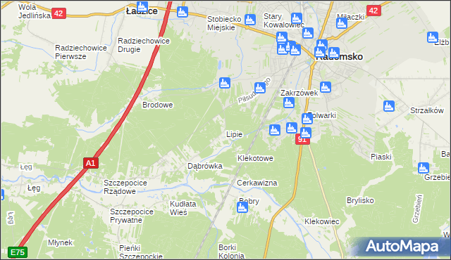 mapa Lipie gmina Radomsko, Lipie gmina Radomsko na mapie Targeo