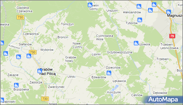 mapa Lipinki gmina Grabów nad Pilicą, Lipinki gmina Grabów nad Pilicą na mapie Targeo