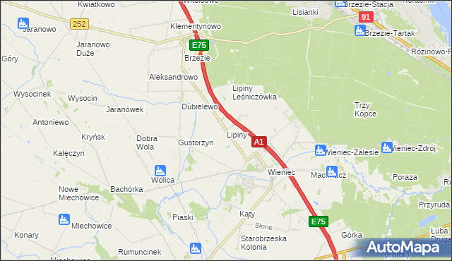 mapa Lipiny gmina Brześć Kujawski, Lipiny gmina Brześć Kujawski na mapie Targeo