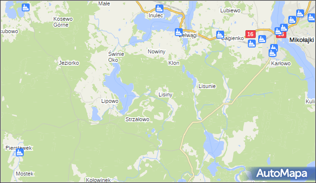 mapa Lisiny gmina Mikołajki, Lisiny gmina Mikołajki na mapie Targeo